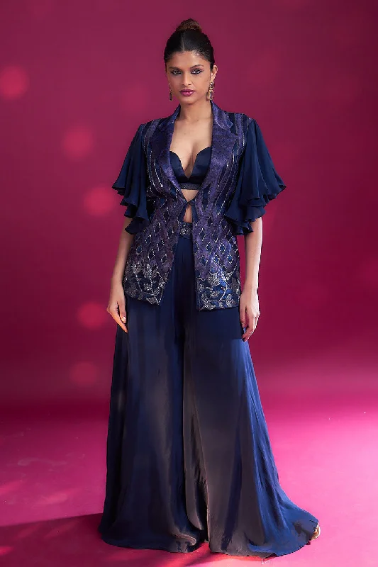 Deep Blue Ajrakh Embroidered Bralette, Blazer & Pant Set