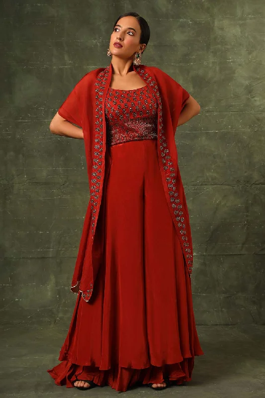 Red Ajrakh Embroidered Blouse, Pant & Cape Dupatta Set