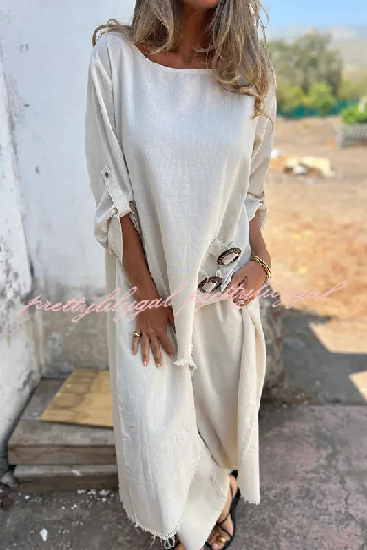 Jamilah Linen Blend Ring Detail Midi Blouse  and Elastic Waist Pocketed Loose Pants Set