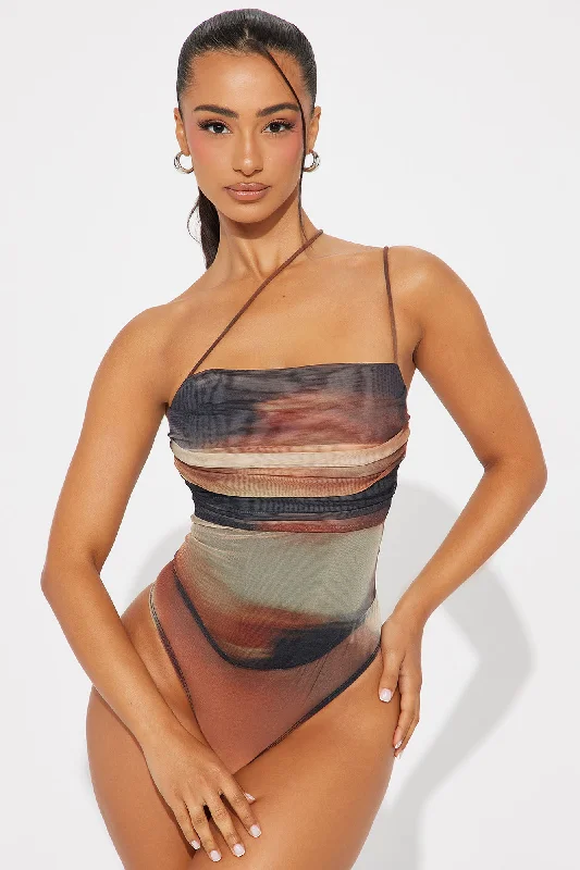 Adeline One Shoulder Mesh Bodysuit - Brown/combo