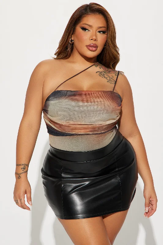 Adeline One Shoulder Mesh Bodysuit - Brown/combo