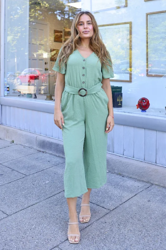 Petite Gaucho Button-Down Jumpsuit (LT Sage)