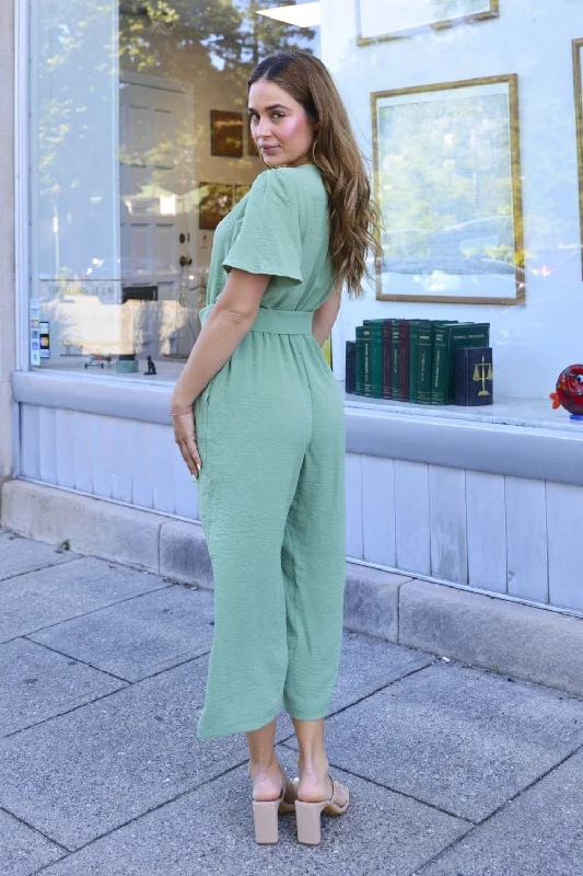 Petite Gaucho Button-Down Jumpsuit (LT Sage)