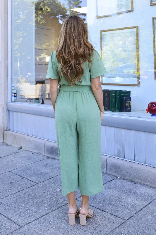 Petite Gaucho Button-Down Jumpsuit (LT Sage)