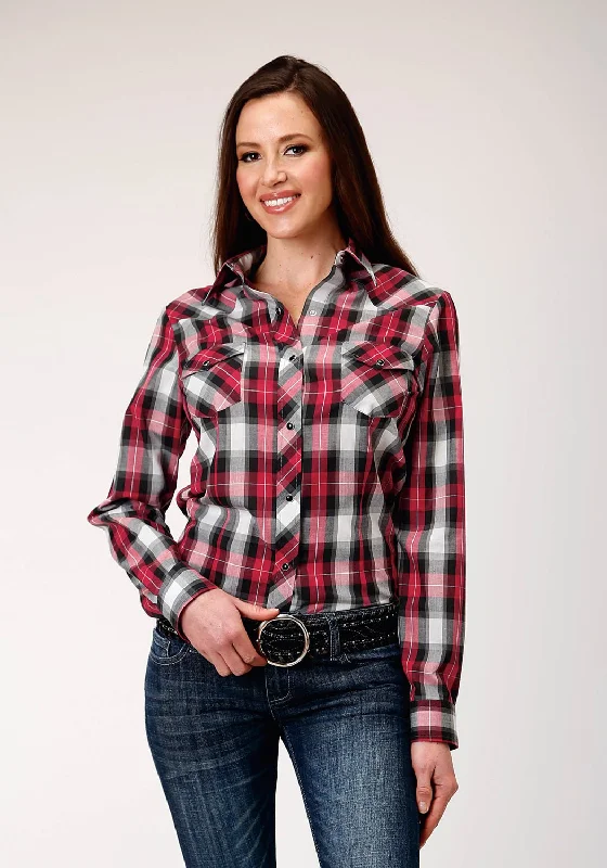 Roper Womens Grey Plaid Red Cotton Blend L/S Shirt