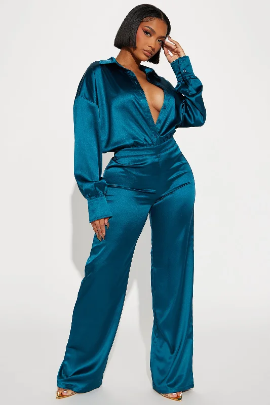 Set The Scene Satin Jumpsuit  - Teal