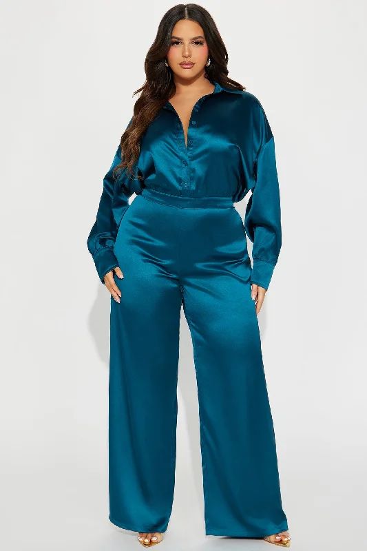 Set The Scene Satin Jumpsuit  - Teal