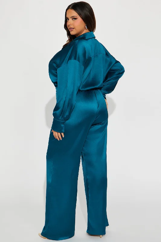 Set The Scene Satin Jumpsuit  - Teal