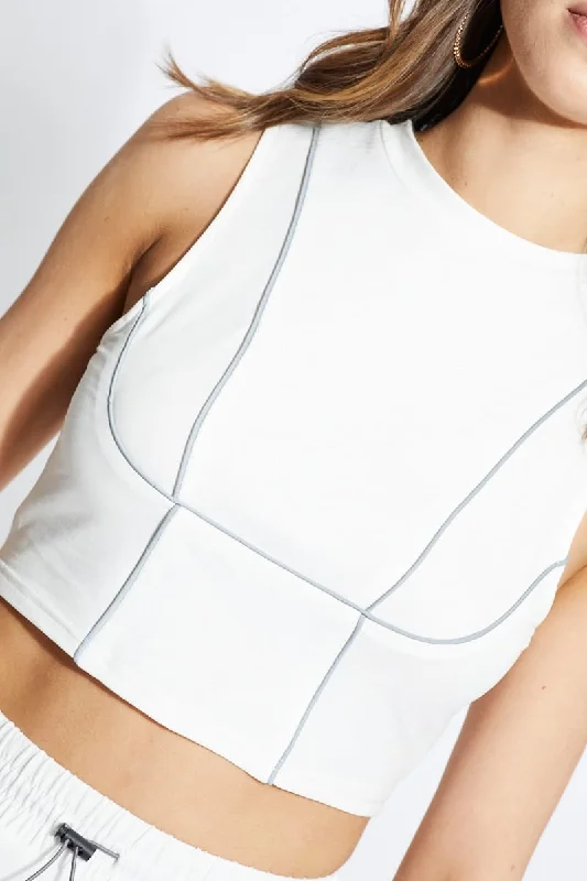 White Reflective Piping Crop Top