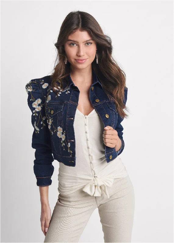 Floral embroidered puff sleeve jean jacket. - Dark Wash