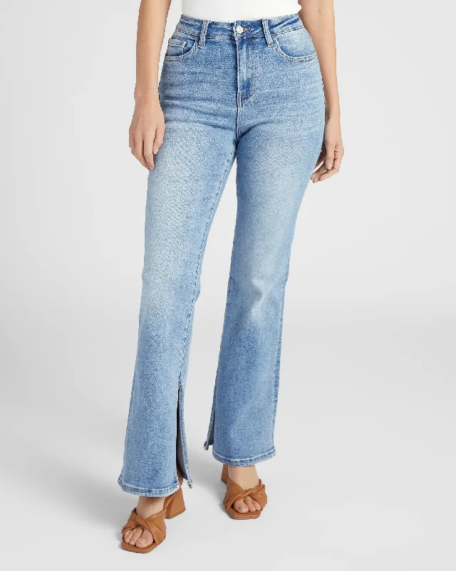 High Rise Flare Leg Jeans with Slit Hem